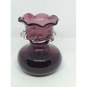 Pilgrim Glass Hand Blown Amethyst Small Crackle Glass Vase with Ruffle Edge